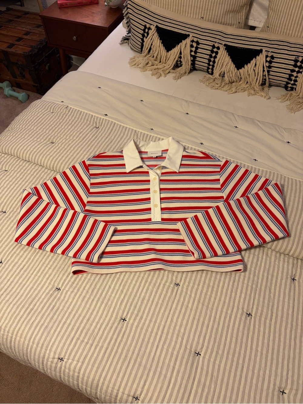Reformation Red, White & Blue Striped Polo Sweater Crop